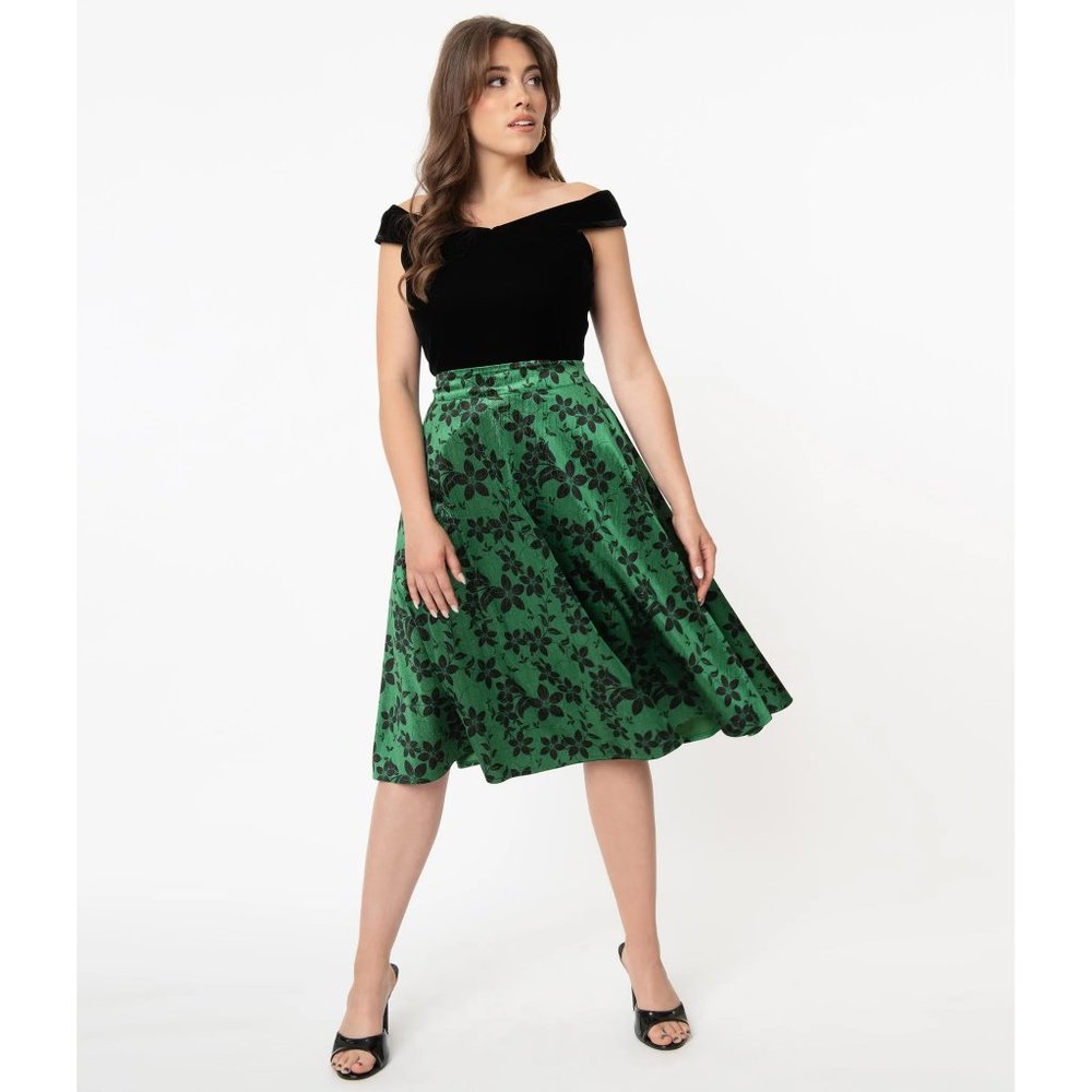 NWT!! Unique Vintage: Green Velvet & Black Floral High Waist Vivien Swing Skirt
